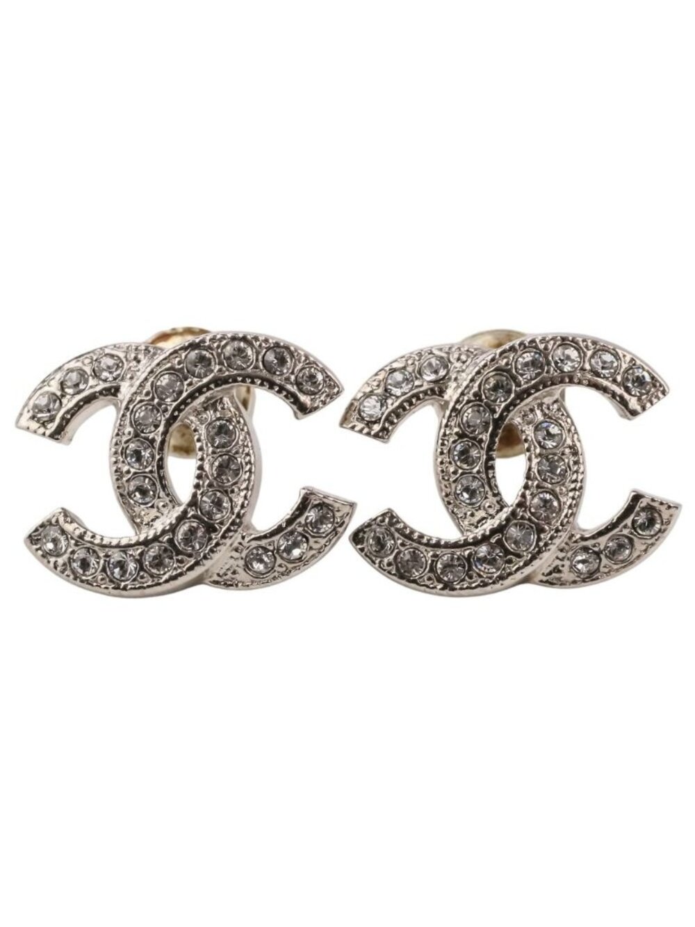 Chanel Rhinestone CC Logo Earrings Silver Colored